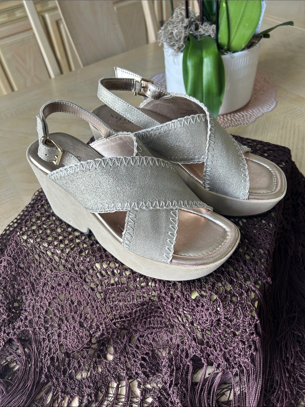 Naked Feet Champagne Crisscross Wedge Sandals !
